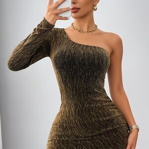 One-Shoulder Metallic Brown Evening Dress